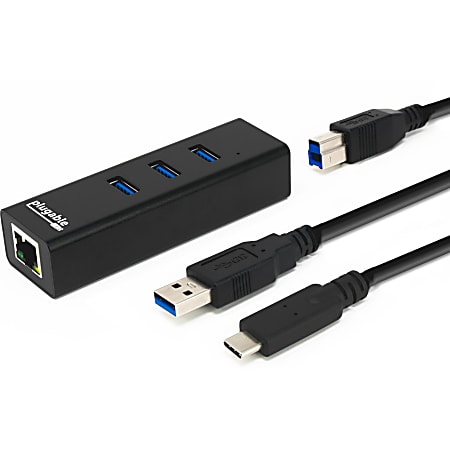 Plugable USB Hub with Ethernet, 3 Port USB 3.0 Bus Powered Hub with Gigabit Ethernet - Compatible with Windows, MacBook, Linux, Chrome OS, Includes USB C and USB 3.0 Cables