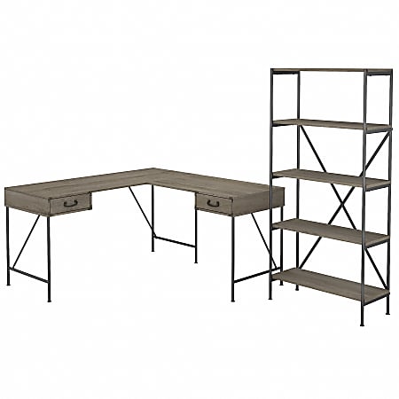 kathy ireland® Home by Bush Furniture Ironworks 60"W L-Shaped Writing Desk With 5-Shelf Etagere Bookcase, Restored Gray, Standard Delivery
