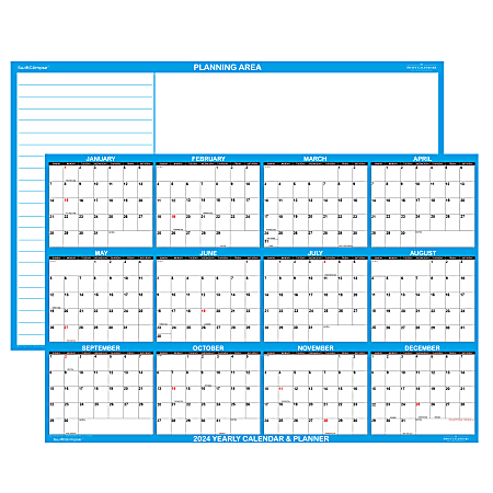 2024 SwiftGlimpse Wet/Dry-Erase Laminated Reversible Yearly Wall Calendar/Planner, 36" x 24", Blue