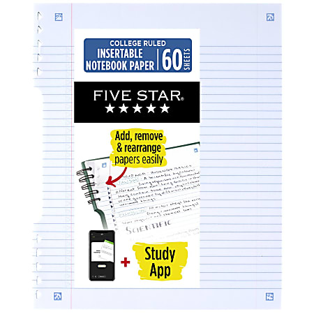 Five Star® Insertable Notebook Paper Plus Study App, College Ruled, 9" x 11", 60 Sheets/Pack