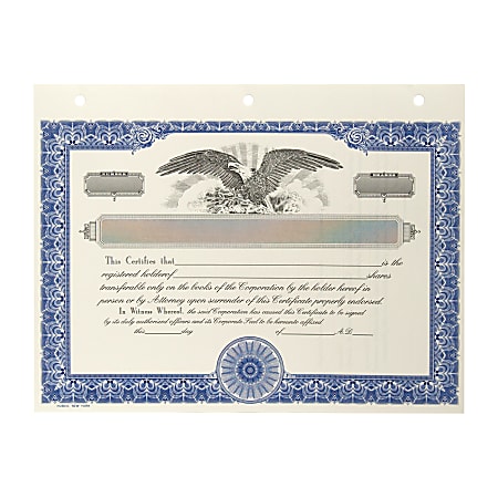 Corporate Stock Certificates Non Personalized 3 Hole Punched 8 12 x 11 Blue  Box Of 20 - Office Depot