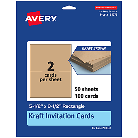 Avery® Printable Invitation Cards, 95279-KMC50, Rectangle, 5.5" x 8.5", Kraft Brown, Pack Of 100