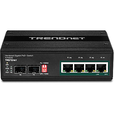 TRENDnet 6-Port Hardened Industrial Unmanaged Gigabit 10/100/1000Mbps DIN-Rail Switch, 4 x Gigabit PoE+ Ports, 2 x Dedicated SFP Slots, Lifetime Protection, Black, TI-PG62B