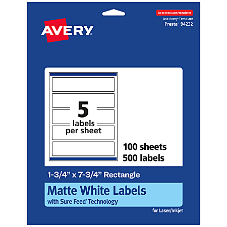 Avery® Permanent Labels With Sure Feed®, 94232-WMP100, Rectangle, 1-3/4" x 7-3/4", White, Pack Of 500