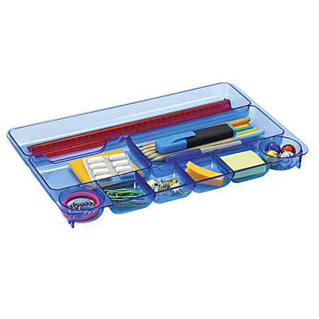 Officemate® Plastic 9-Compartment Storage Drawer Tray, 1 1/8" x 14" x 9", Blue Glacier