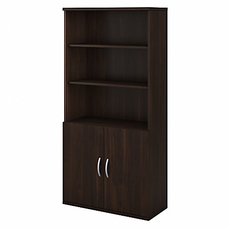 Bush Business Furniture Studio C 73"H 5-Shelf Bookcase With Doors, Black Walnut, Standard Delivery