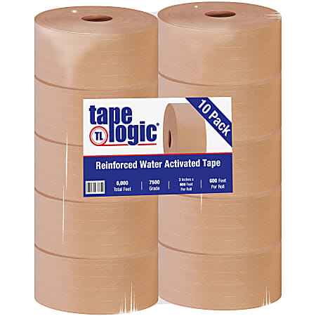 Tape Logic® Reinforced Water-Activated Packing Tape, #7500, 3" Core, 3" x 200 Yd., Kraft, Case Of 10