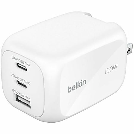 Belkin 100W GaN 3-Port USB Wall Charger - 1xUSB-A, 2xUSB-C - Foldable Prongs - Power Adapter - White - 100 W - White