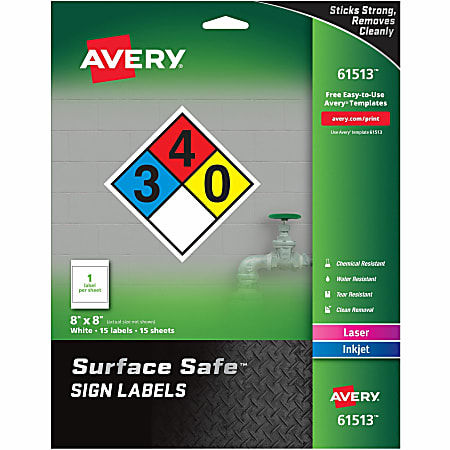 Avery® Surface Safe Sign Labels, 8" x 8", Square, Pack Of 15