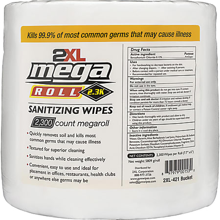 2XL Mega Roll Sanitizing Wipes, 6" x 7-3/4", Unscented, White, Roll Of 2,300 Wipes