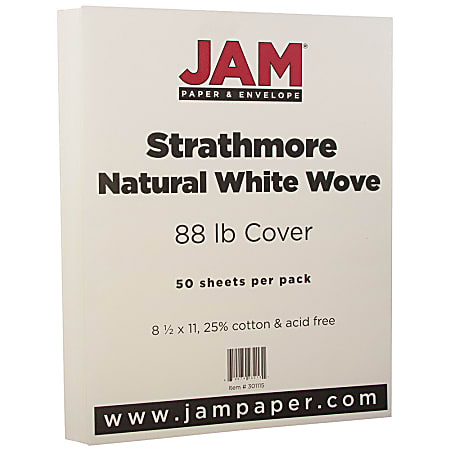 JAM Paper® Card Stock, Strathmore Natural White Wove, Letter (8.5" x 11"), 88 Lb, Pack Of 50