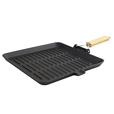 Gibson General Store Addlestone Preseasoned Cast-Iron Grill Pan With Foldable Wooden Handle, 14", Black