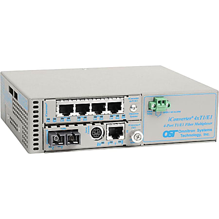 Omnitron iConverter MUX/M Ethernet + 4xT1/E1 Fiber Multiplexer SC Single-Mode 12km - 4 x T1/E1 (RJ-48) + 1 x 10/100/1000BASE-T to 1 x SC Single-Mode, Univ. AC Powered, Lifetime Warranty