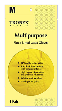 Tronex Flock-Lined Rubber Latex Multipurpose Gloves, Medium, Yellow, Pack Of 24