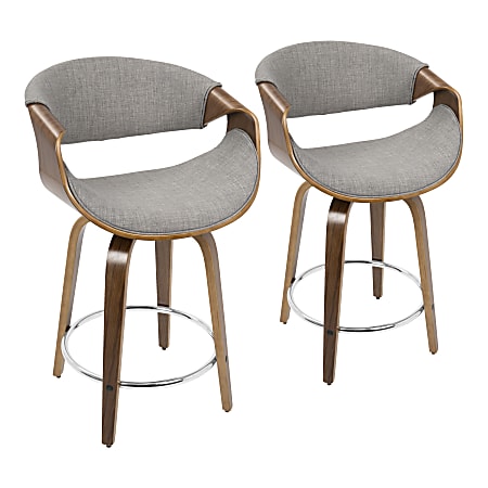 LumiSource Curvini Mid-Century Modern Counter Stools, Walnut/Light Gray, Set Of 2 Stools