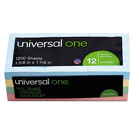 Universal® Self-Stick Notes, 1 1/2" x 2", Assorted Pastel Colors, 100 Sheets Per Pad, Pack Of 12 Pads