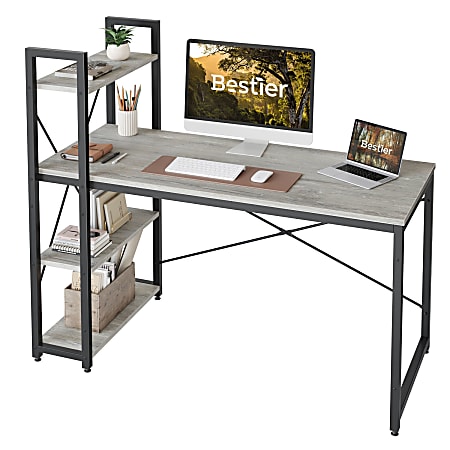 Bestier Modern Office Desk With Storage Shelf & Headset Hook, 56"W, Retro Gray Oak Light