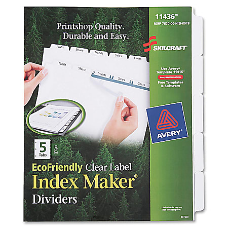 SKILCRAFT® Index Maker Clear Label Dividers With White Tabs, 5-Tab, Pack Of 5 Sets (AbilityOne 7530-01-600-6981)