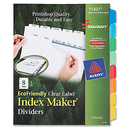 SKILCRAFT® Index Maker Clear Label Dividers With White Tabs, 8-Tab (AbilityOne7530-01-600-6978)