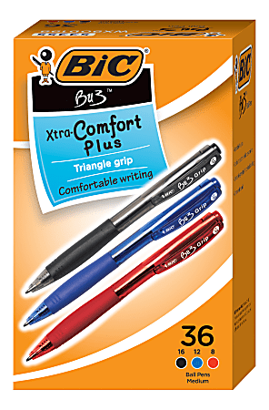 BIC® BU3 Xtra-Comfort Plus Retractable Ballpoint Pens, Medium Point, 1.0 mm, Assorted Ink Colors, Pack Of 36 Pens