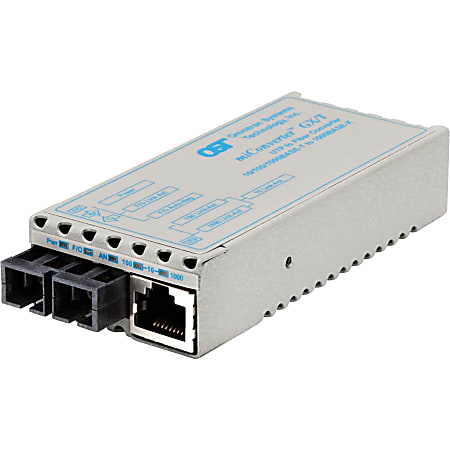 Omnitron miConverter 10/100/1000 Gigabit Ethernet Fiber Media Converter RJ45 SC Single-Mode 34km Wide Temp - 1 x 10/100/1000BASE-T; 1 x 1000BASE-LX; US AC Powered; Lifetime Warranty