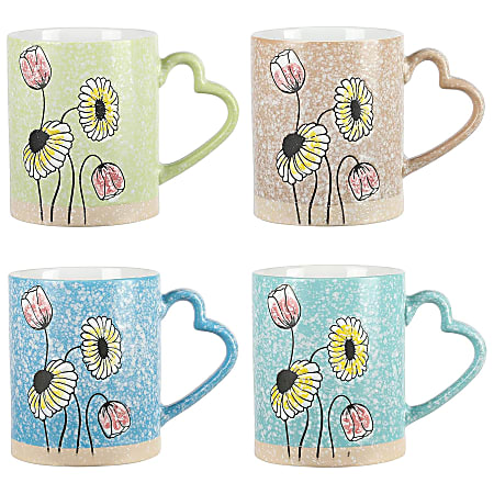 Gibson Home Sunbloom 4-Piece Flower Wax Relief Design Mug Set With Heart Shaped Handles, 15 Oz, Assorted Colors