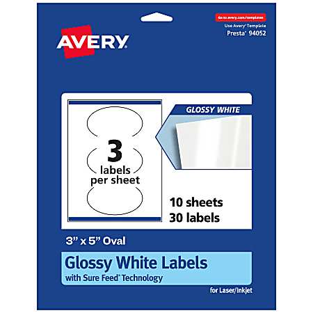 Avery® Glossy Permanent Labels With Sure Feed®, 94052-WGP10, Oval, 3" x 5", White, Pack Of 30