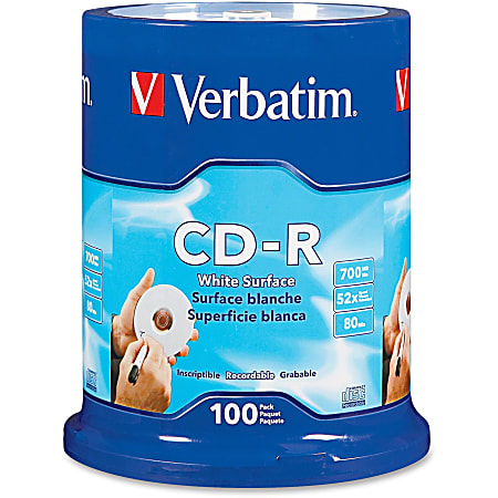 Verbatim® 52X CD-R Discs With Blank White Surface, 700MB/80 Minutes, Pack Of 100