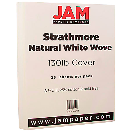 JAM Paper® Card Stock, Strathmore Natural White Laid, Letter (8.5" x 11"), 130 Lb, Pack Of 25