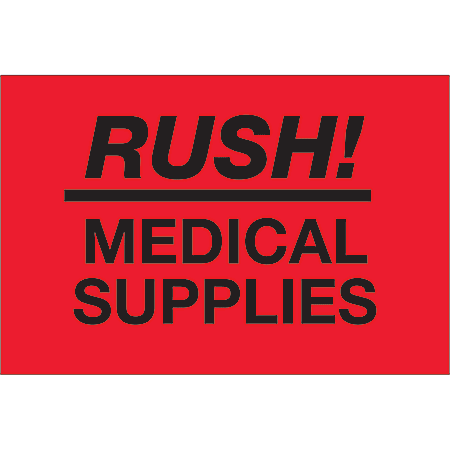 Tape Logic® Preprinted Shipping Labels, DL1335, Rush ? Medical Supplies, Rectangle, 2" x 3", Fluorescent Red, Roll Of 500