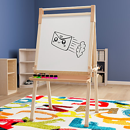 Flash Furniture Bright Beginnings Commercial Classroom Wood Freestanding Art  Easel with Chalk Board Dry Erase Board 2 Trays Paper Roller And Paper Tear  Bar 49 H x 28 12 W x 25 34 D Beech - Office Depot