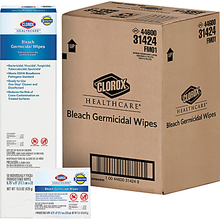 Clorox Healthcare Bleach Germicidal Wipes - Ready-To-Use - 50 / Packet - 6 / Carton - Anti-corrosive - White
