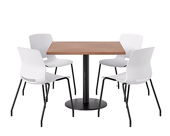 KFI Studios Proof Cafe Pedestal Table With Imme Chairs, Square, 29”H x 36”W x 36”W, River Cherry Top/Black Base/White Chairs