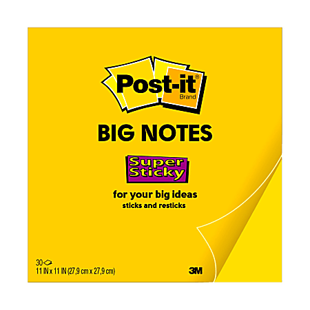 Post-it® Super Sticky Big Notes, 11" x 11", Bright Yellow, 30 Sheets Per Pad
