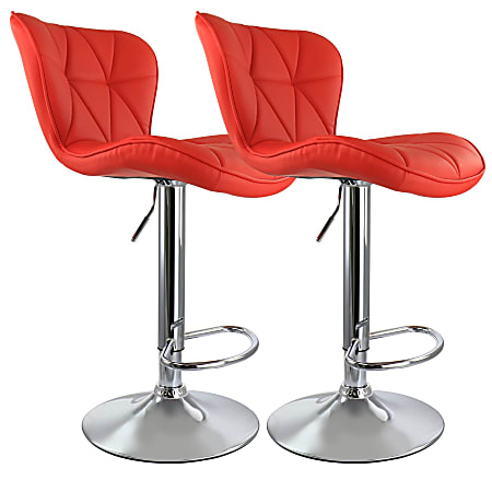 Elama Diamond-Tufted Faux Leather Adjustable Bar Stools, Red/Chrome, Set Of 2 Stools