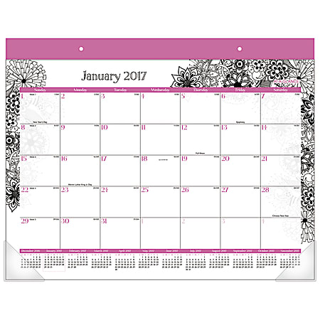 AT-A-GLANCE® Fashion Monthly Desk Pad Calendar, 22" x 17", 30% Recycled, Flora Doodle, January to December 2017