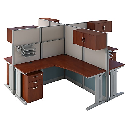 Bush Business Furniture Office in an Hour 4 Person L Shaped Cubicle Workstations, Hansen Cherry, Premium Installation