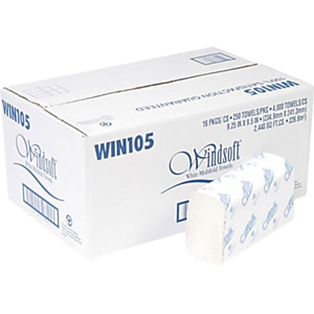 Windsoft Embossed Multifold Paper Towel - 1 Ply - 9.40" Width x 9.20" Length - White - Paper - 250/Pack - 16 / Carton
