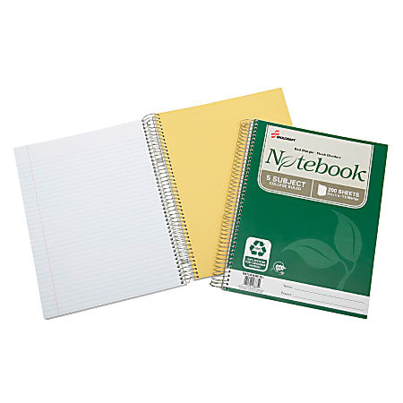 SKILCRAFT® 100% Recycled Spiral Notebooks, 8 1/2" x 11", 5 Subjects, College Ruled, 200 Sheets, Green (AbilityOne 7530-01-600-2015)