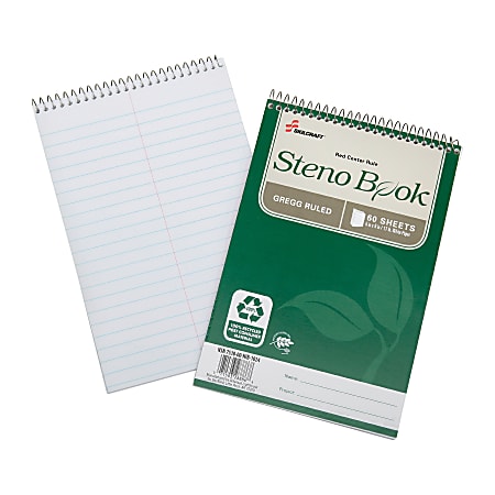 SKILCRAFT® 100% Recycled Steno Books, 6" x 9", Gregg Ruled, 60 Sheets, Green, Pack Of 6 (AbilityOne 7530-01-600-2029)