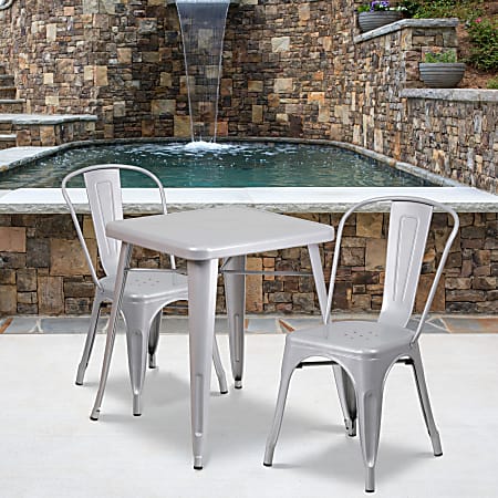 Flash Furniture Square Metal Indoor Outdoor Table Set With 2 Stack Chairs 29 H x 27 34 W x 27 34 D Silver Office Depot