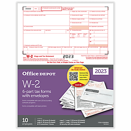 Office Depot® Brand W-2 Laser Tax Forms And Envelopes, 6-Part, 2-Up, 8-1/2" x 11", Pack Of 10 Form Sets, 5611023