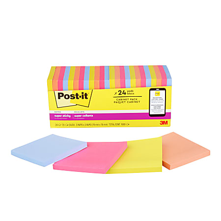 Post-it Super Sticky Notes, 3 in x 3 in, 24 Pads, 70 Sheets/Pad, 2x the Sticking Power, Summer Joy Collection