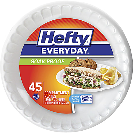 Hefty 3-Compartment Soak Proof Plates - - Foam Plate - Disposable - White - 45 / Pack
