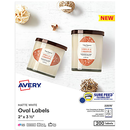 Avery® Printable Blank ID Labels, 22570, Oval, 2" x 3-1/3", White, Pack Of 200 Labels