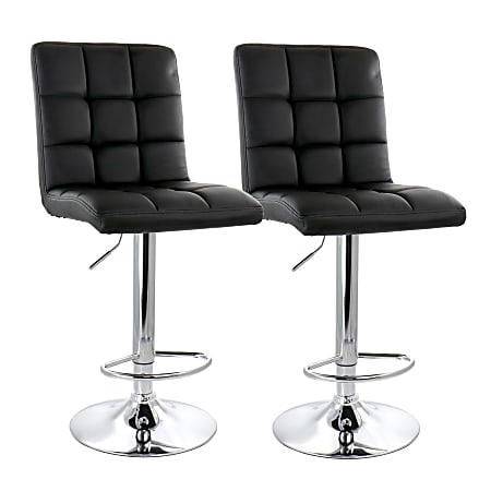 Elama Square Tufted Faux Leather Adjustable Bar Stools, Black/Chrome, Set Of 2 Stools