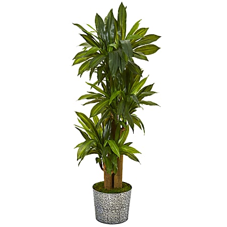 Nearly Natural Corn Stalk Dracaena 58”H Artificial Plant With Embossed Tin Planter, 58”H x 24”W x 24”D, Green/Black