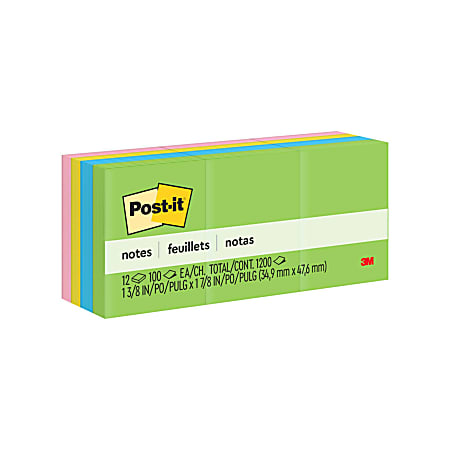 Post-it® Notes, 12 Pads, 1 3/8 in x 1 7/8 in, Clean Removal, School Supplies and Office Products, Sticky Notes  - 653AU
