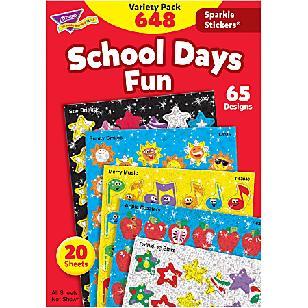 Trend Sparkle Stickers School Days Fun Stickers - Fun Theme/Subject (Apple Dazzlers, Twinkling Stars, Merry Music, Brilliant Birthday, Sunny Smile, Star Bright) Shape - Multicolor - 648 / Pack
