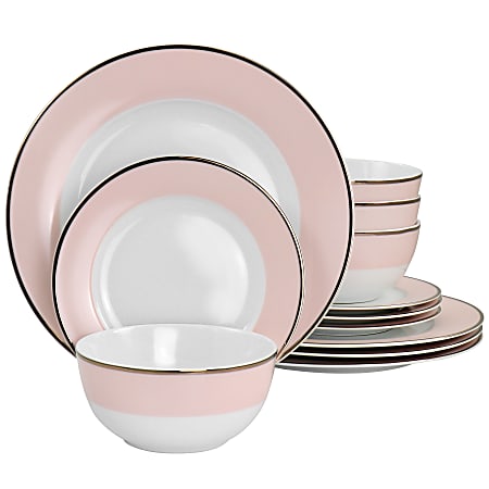 Martha Stewart Gold Rimmed 12-Piece Fine Ceramic Dinnerware Set, Pink